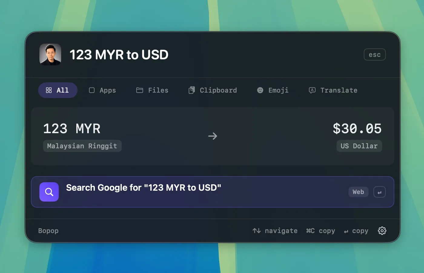 Bopop converting 123 MYR to US dollars inline, showing $30.05