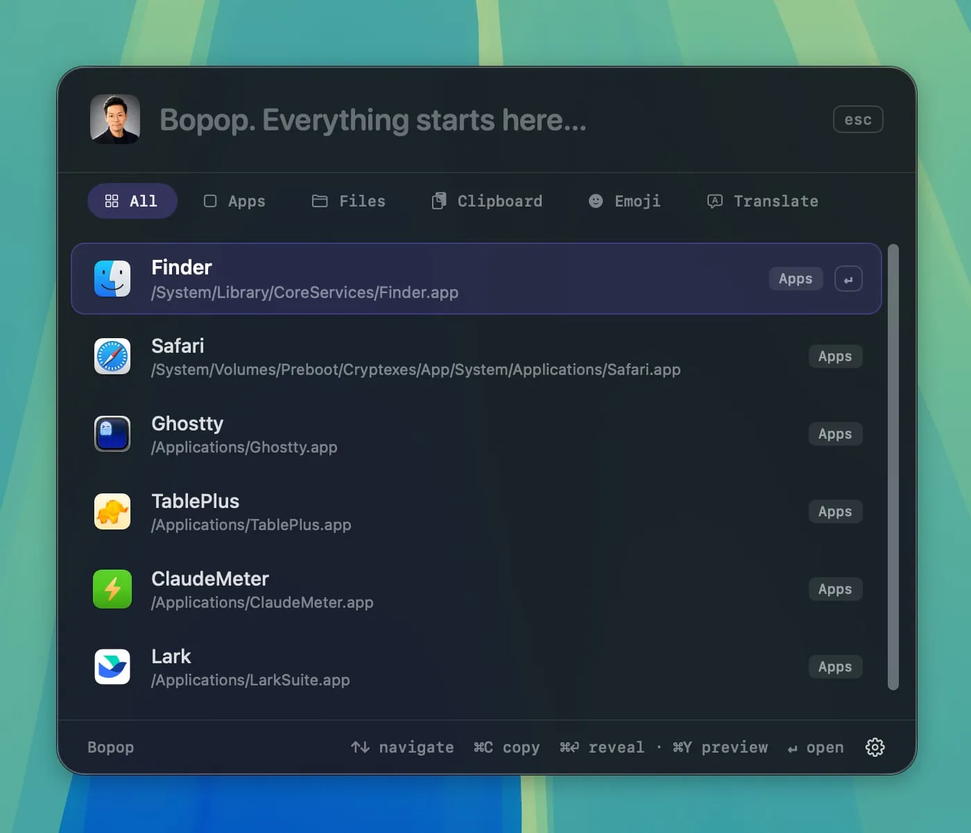 The Bopop palette showing app results ranked by usage, with filters for Apps, Files, Clipboard, Emoji, and Translate