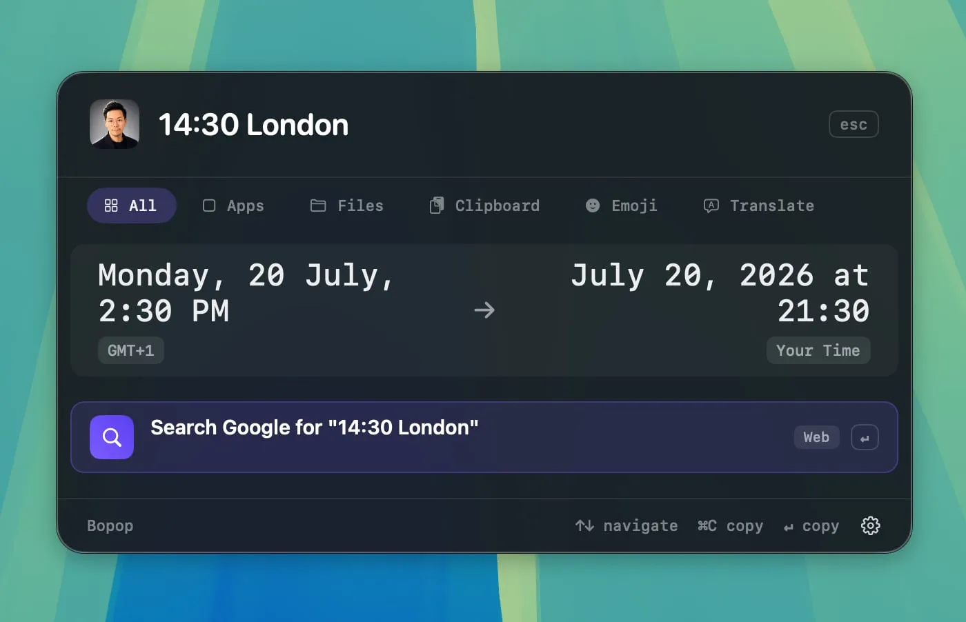 Bopop converting 14:30 London time to the local time zone