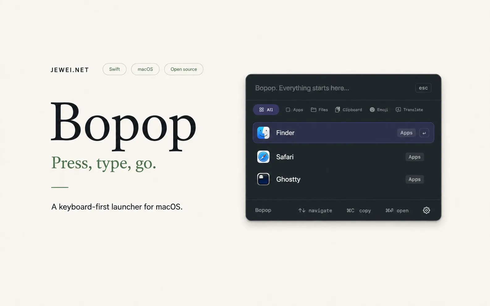 Bopop cover with the launcher showing Finder, Safari, and Ghostty.