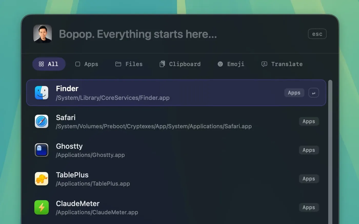 Bopop launcher palette with tabs for apps, files, clipboard, emoji, and translation, and a list of apps.