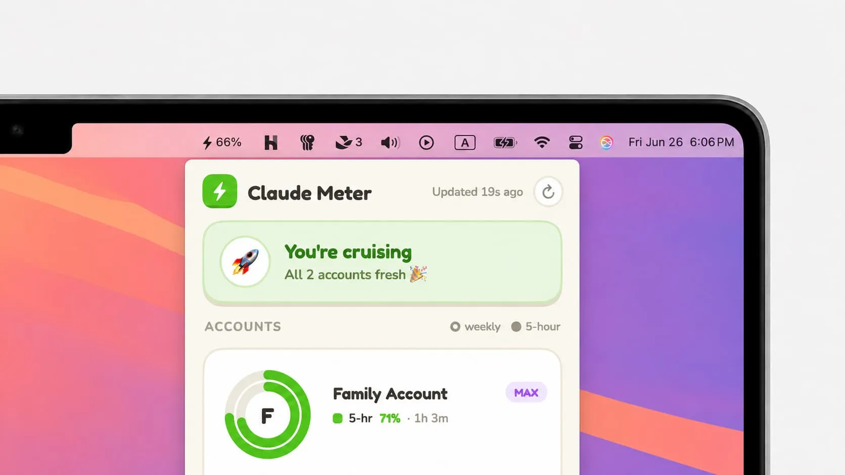 A close-up of the macOS menu bar showing the Claude Meter icon among other icons near the clock