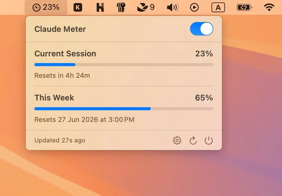 Claude Meter popover showing Current Session and This Week usage