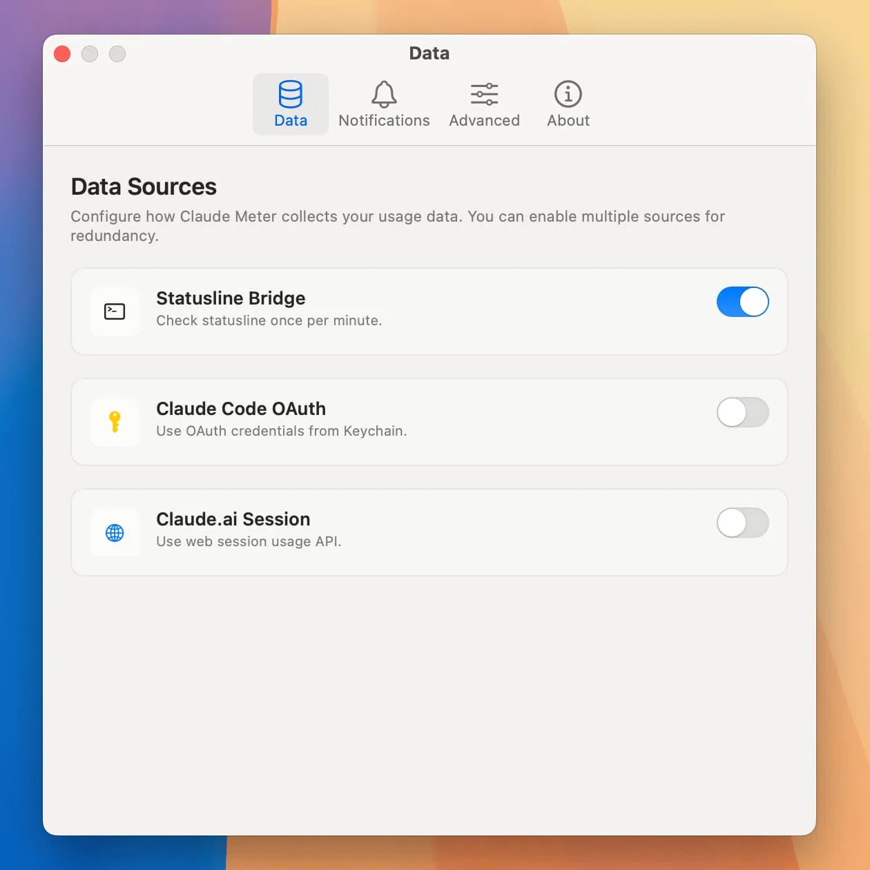 Claude Meter settings and data source panel