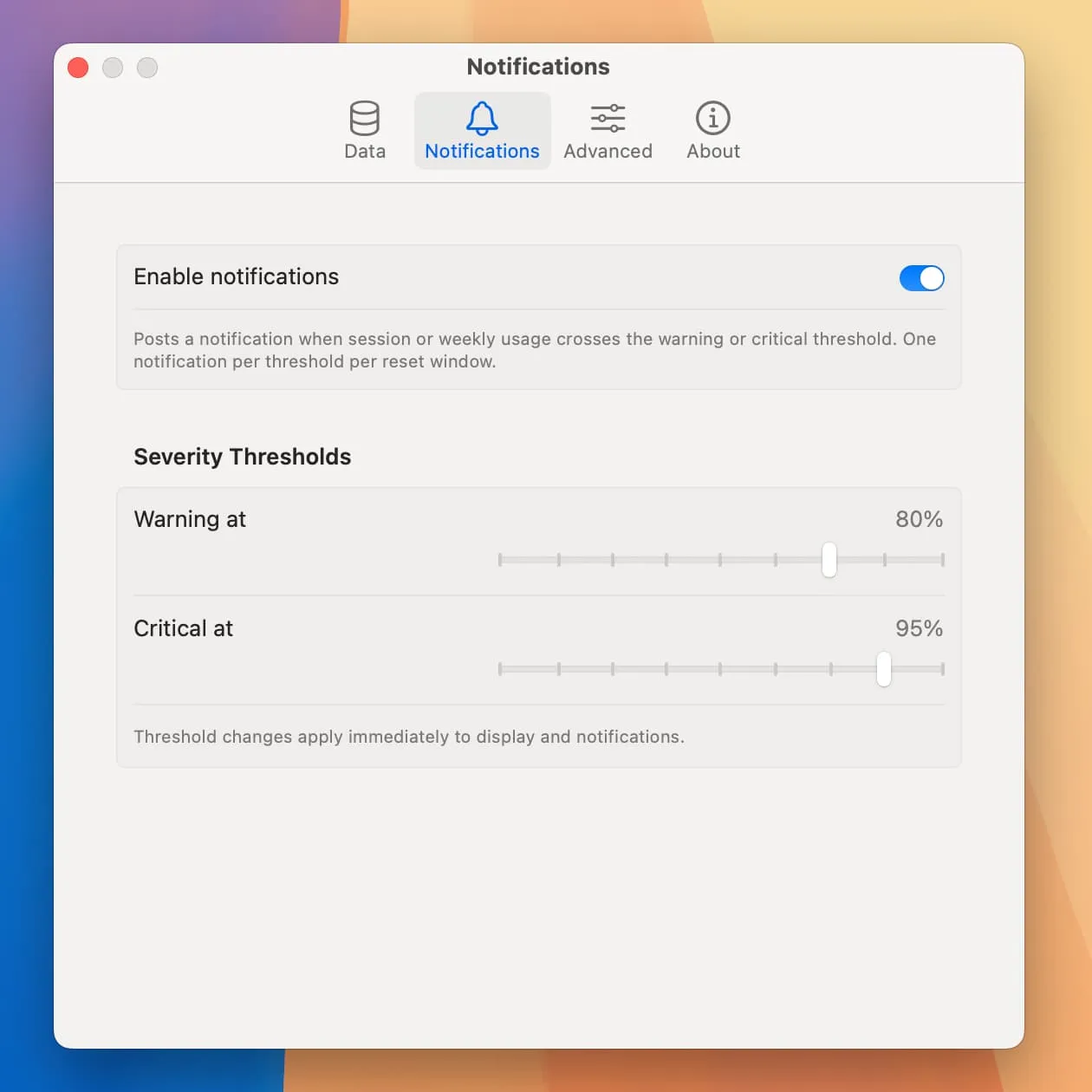 Claude Meter settings and notifications panel