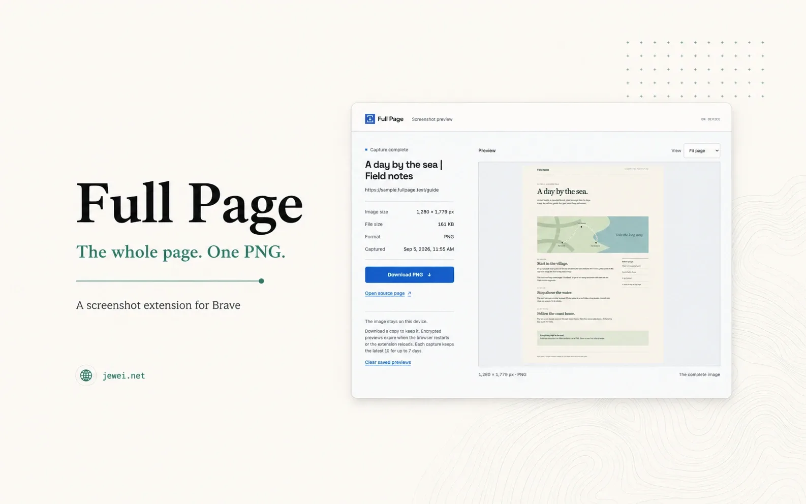 Full Page cover with a screenshot preview of a complete sample page and a Download PNG button.