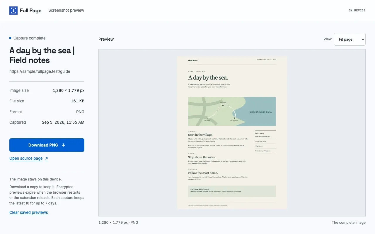 Full Page preview with image details, a Download PNG button, and the complete A day by the sea sample page