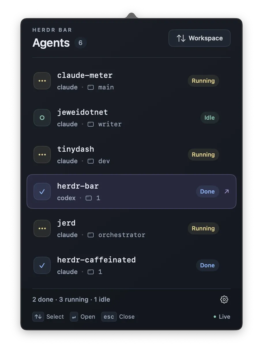 Herdr Bar panel showing six agents, their project names, terminal panes, and running, idle, or done states
