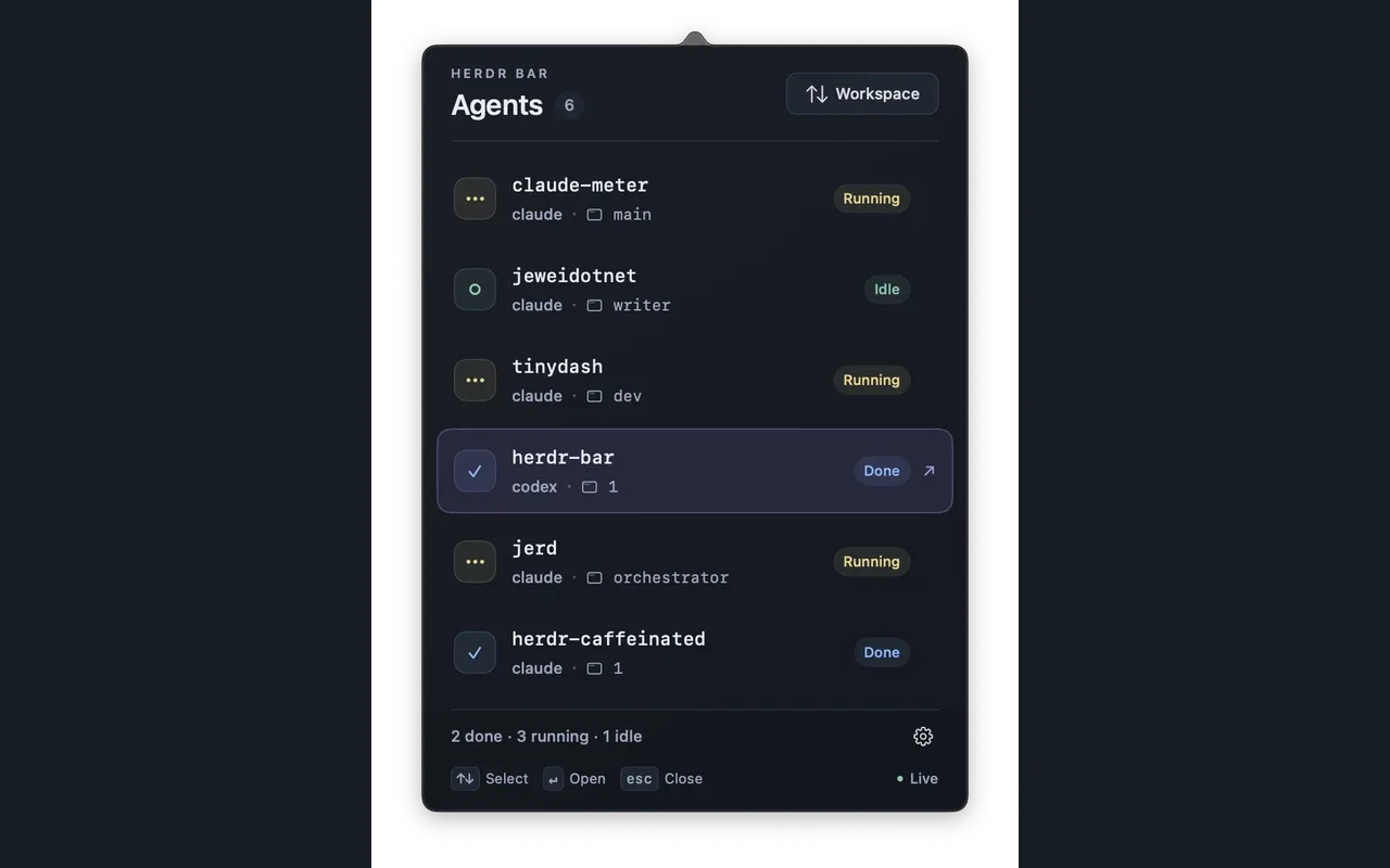 Herdr Bar panel listing six agents with running, idle, and done states.