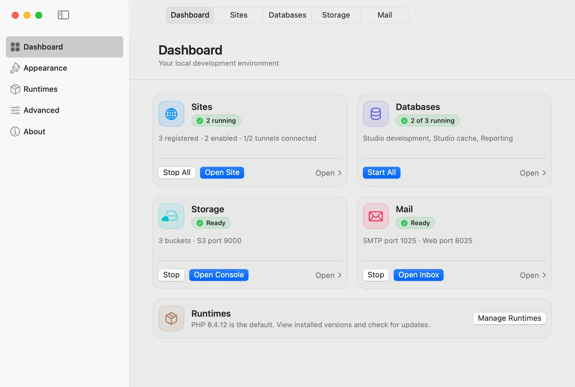 Jerd dashboard showing Sites, Databases, Storage, Mail, and the default PHP runtime.