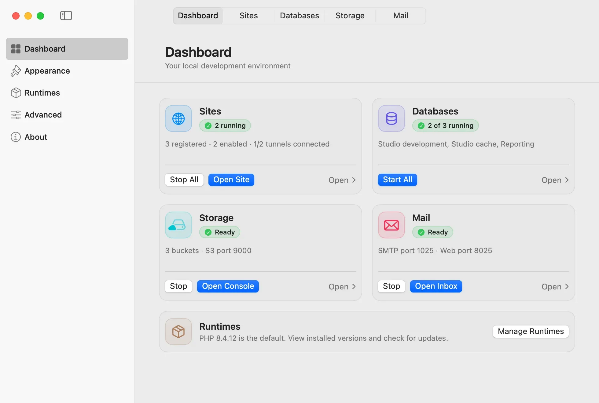 Jerd dashboard with cards for Sites, Databases, Storage, and Mail, and the default PHP runtime