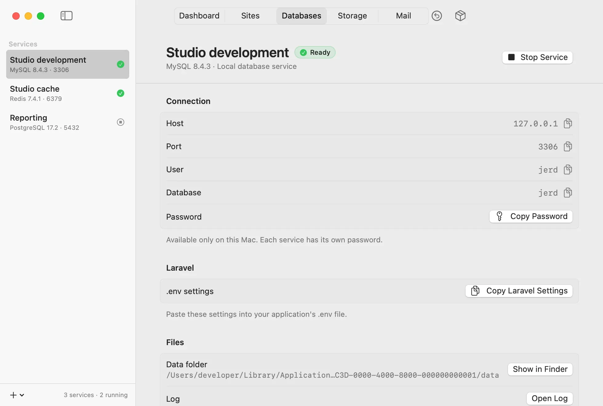 Database page with connection values, a Copy Laravel Settings button, and the data folder