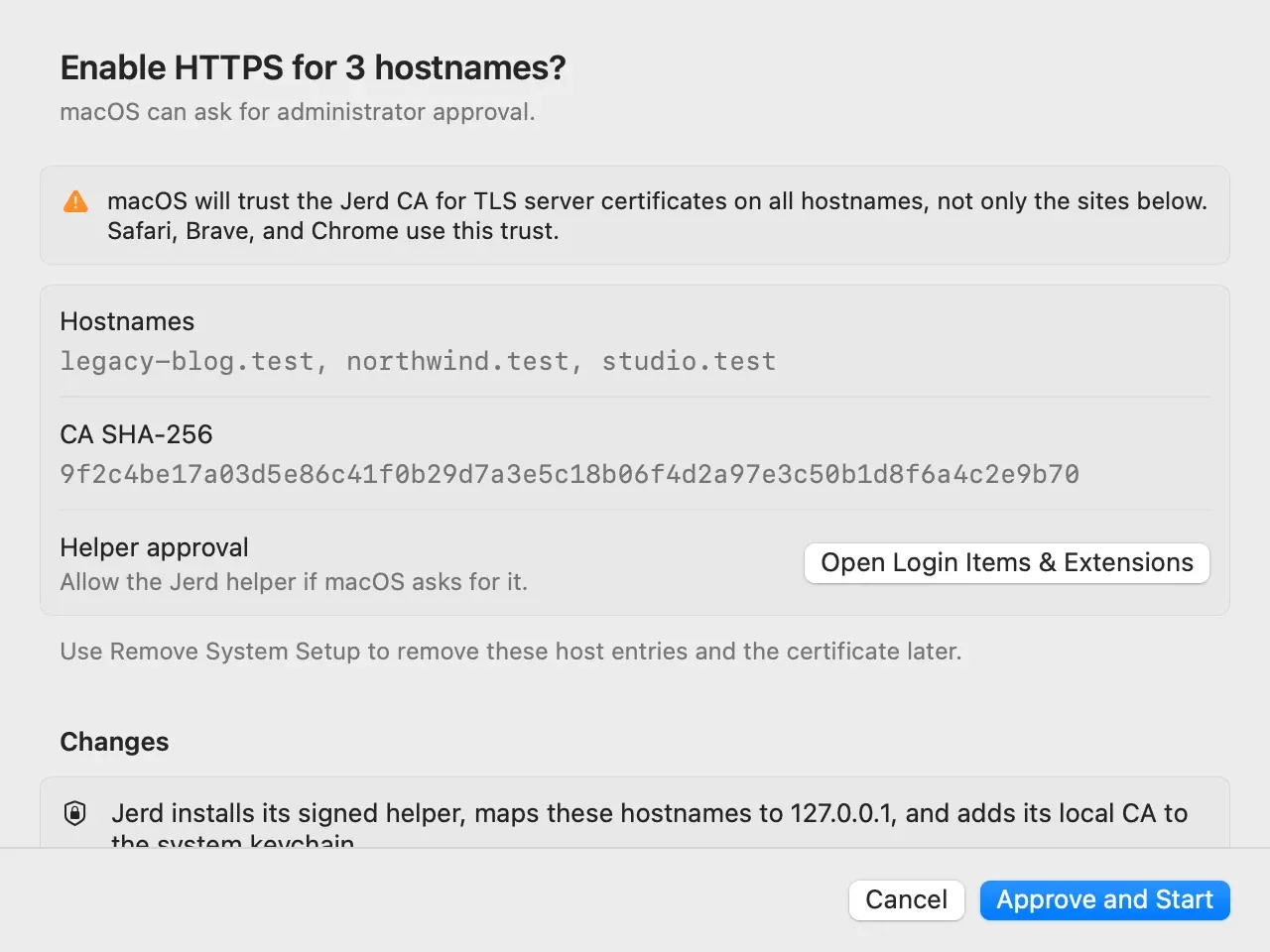 HTTPS approval sheet that lists three .test hostnames, the CA fingerprint, the helper approval, and the changes Jerd makes