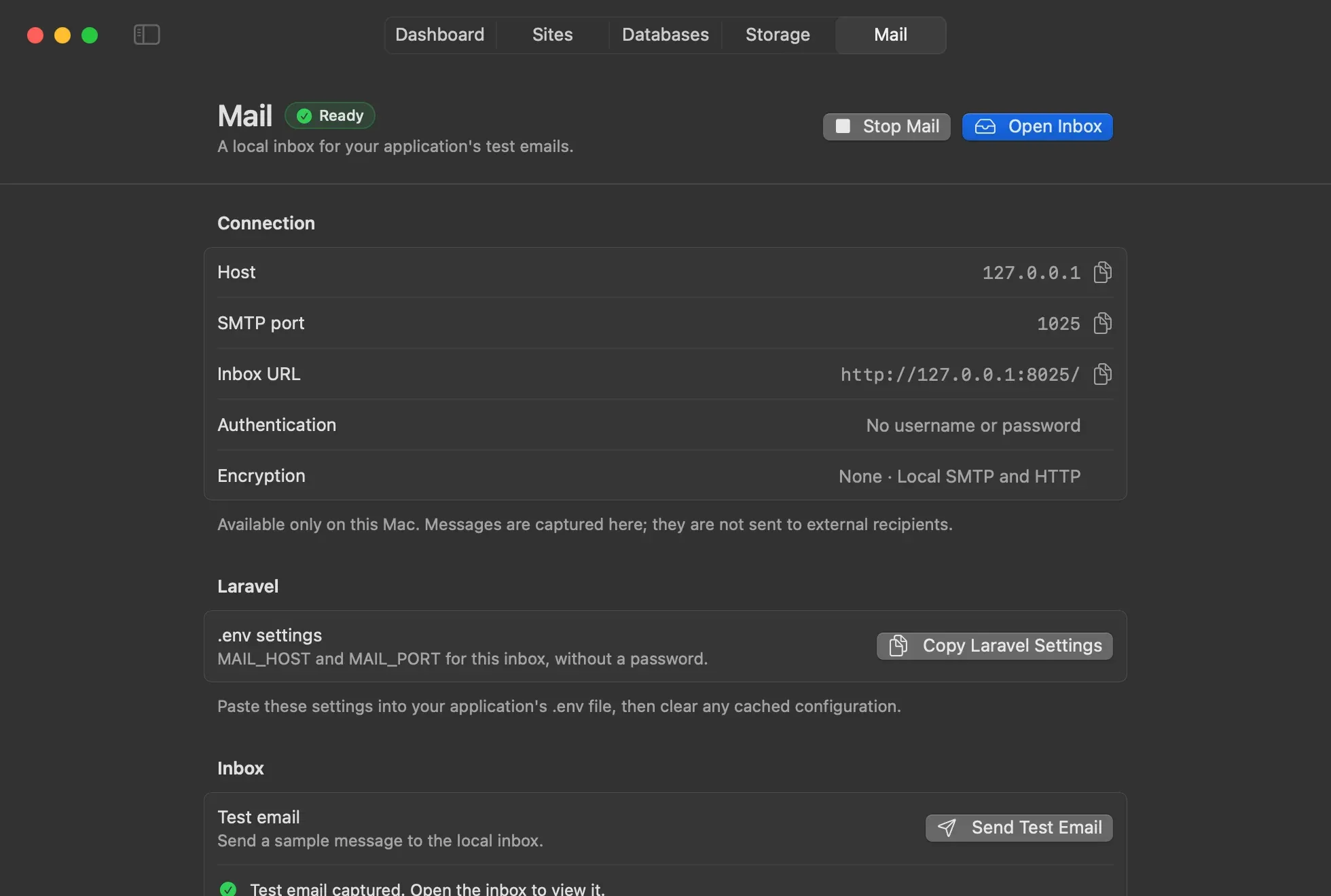 Mail page in dark mode with the SMTP port, inbox address, Laravel settings, and a Send Test Email button
