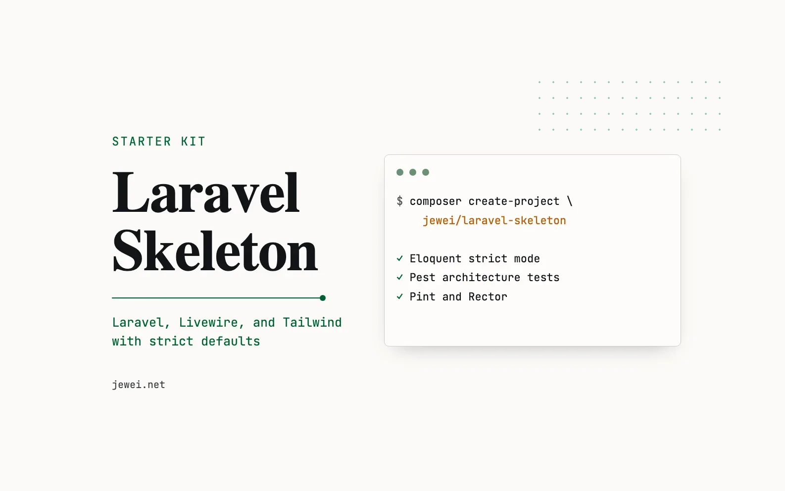 Laravel Skeleton cover with the composer create-project command and a list of strict defaults.
