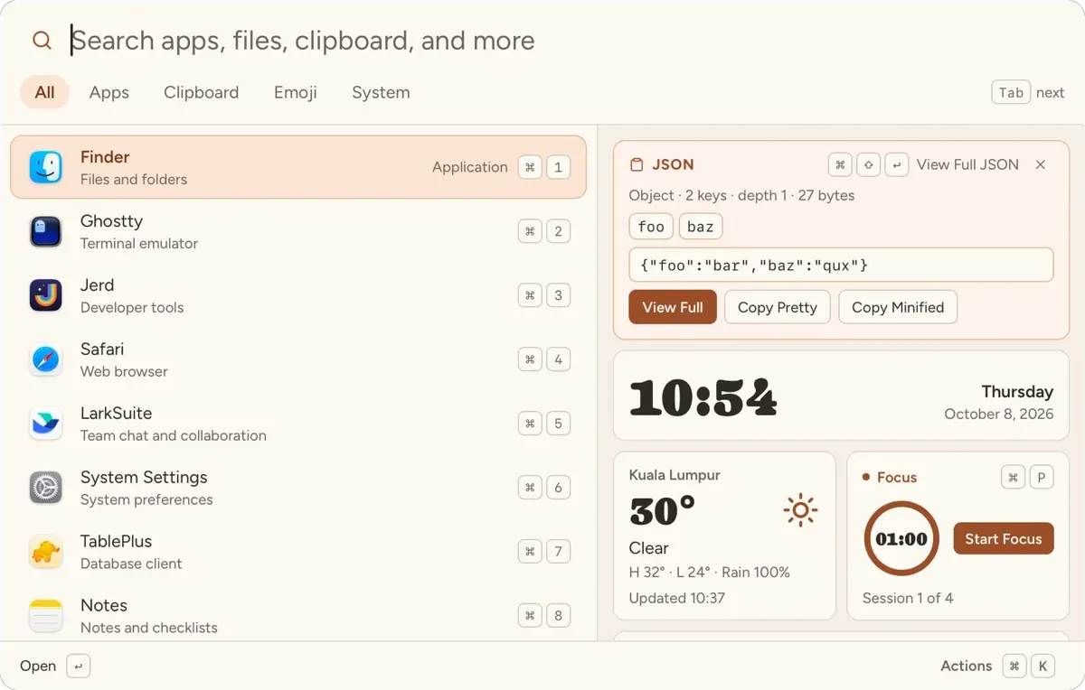 The TinyDash launcher with apps on the left, each with a short description, and the widget pane on the right with a JSON clipboard card, a clock, the weather in Kuala Lumpur, and a focus timer