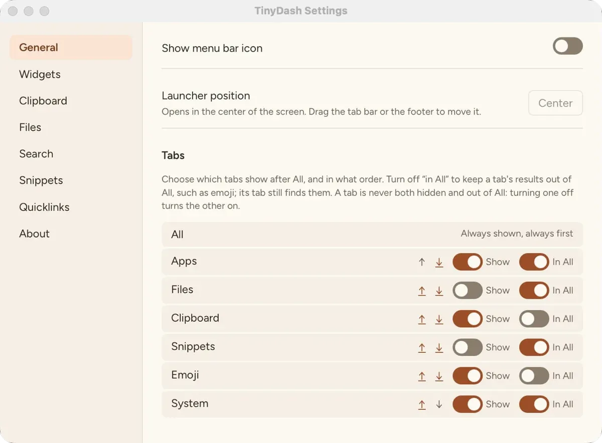 TinyDash Settings, General section, with the menu bar icon switch, the launcher position, and the tab list with Show and In All switches for each tab