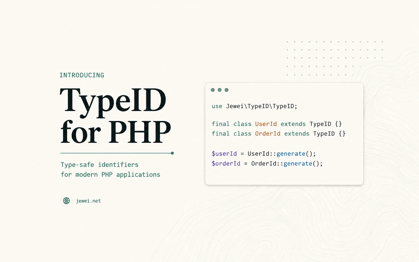 TypeID for PHP cover with UserId and OrderId classes and identifier generation code.