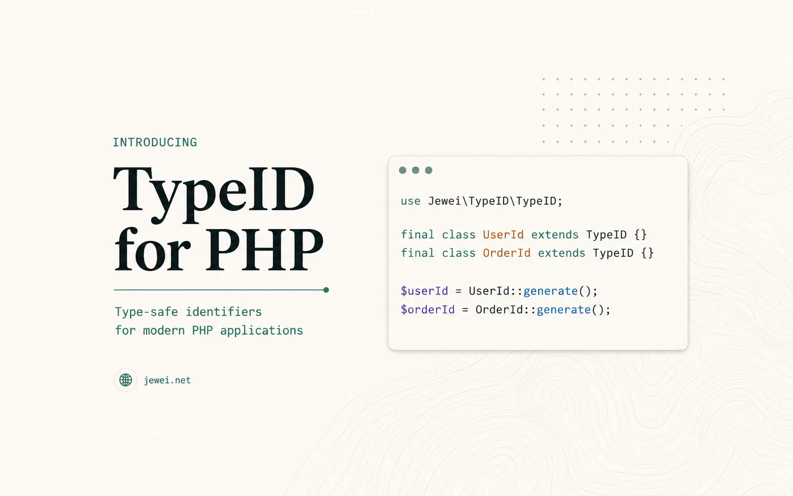TypeID for PHP cover with UserId and OrderId classes and identifier generation code.